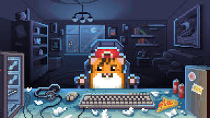 Pixel art hamster at a desktop mining rig, the RollerHub mascot