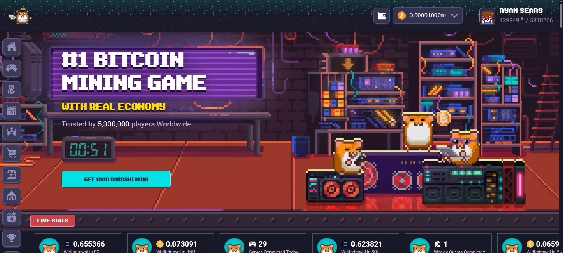 RollerCoin gameplay dashboard showing miners, hash power and live coin stats
