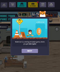 In-game RollerCoin popup explaining it is a mining simulator where you earn real crypto
