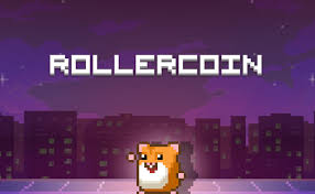RollerCoin pixel-art city skyline at night